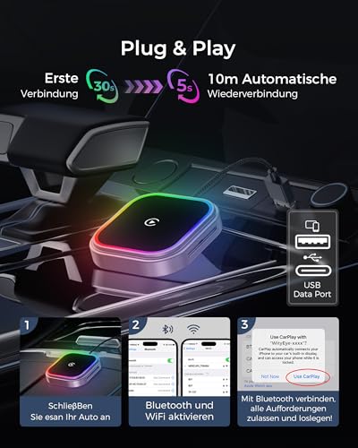 WityEye CarPlay und Android Auto Wireless Adapter 2 In 1, mit RGB-Umgebungslicht, 5.8 GHz WiFi Schnelles, V5.3 Bluetooth Stabile Verbindung, USB C/A, für Apple iPhone iOS 10+, Smartphone Android 11+