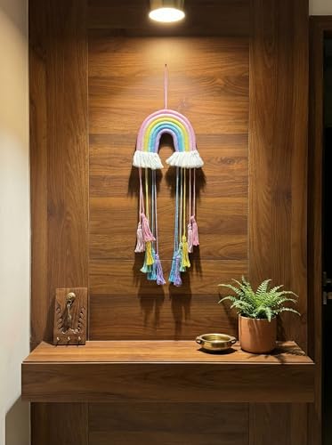 Image of JH Gallery Handmade Rainbow Macrame Wall Hanging - Colorful Cotton Rope Boho Wall Art with Tassels for Nursery, Kids Room and Bedroom Wall Decor, Cozy Home Decor for Living Room.