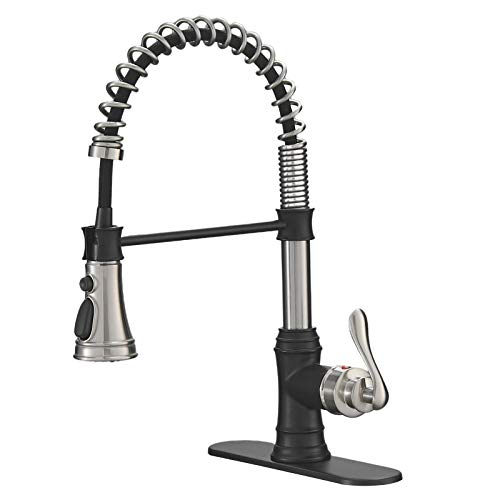 Bwe Kitchen Sink Faucet Brushed Nickel With Matte Black Single Handle Single Lever With Pull Down Spring 3 Function Kitchen Faucet Lead-Free Deck Mount High Arc Gooseneck Commercial Bar Faucets #TOP7