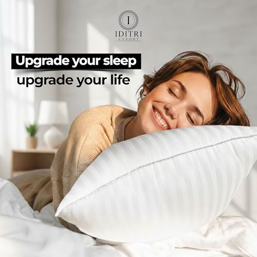 Image of Premium Microfiber Pillow, Soft Satin Stripe Cotton Cover, Down Alternative Fill for Neck Comfort, Hotel Collection Bedding Cushion, 16x24 Inch, White