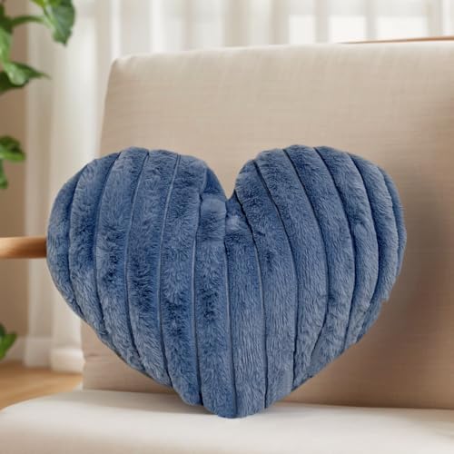 Nmkopzy 16 Inch Blue Heart Pillow Cute Soft Decorative Throw Pillows, Heart Shaped Fluffy Faux Fur Pillows Cushions for Couch Bed Bedroom Room Home Decor Aesthetic (1, Blue, Medium-16 x13)