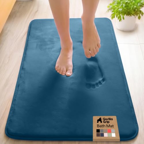 Image of GORILLA GRIP Memory Foam Bath Mat, Soft Absorbent Velvet Bathroom Mats, Durable Dots on Underside, Machine Washable Bathmat, Carpet Rug Room Decor for Shower Tub Floor RV, 42x24 Rugs, Blue