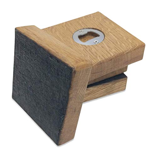 WhiskeyMade Bourbon Barrel Coaster Set with Bottle Openers - American Oak Wood Coasters for Home Decor Tables Bars - Stainless Steel Bottle Opener for Beer Bottles Drinks - Set of 4 Coasters