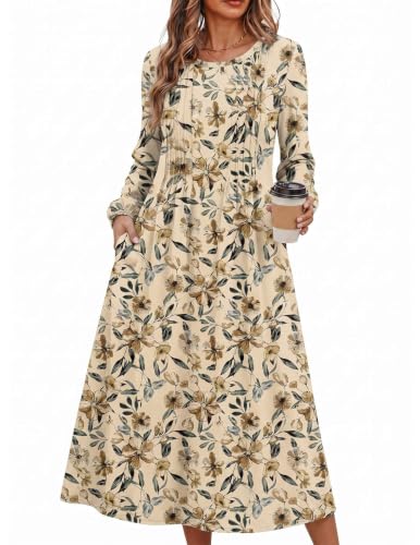 Zeagoo Womens Fall Dresses 2026 Long Sleeve Midi Fall Dresses Casual A Line Dress Floral Tunic Dress with Pockets Khaki Floral M