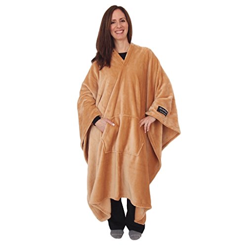throwbee Original Blanket-Poncho Beige (Yay! NO Sleeves) Best Wearable Blanket on The Planet Soft Throw Indoors or Outdoors - Adults Men Women Kids