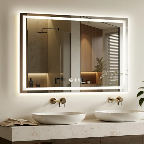 Image of 55x36 LED Bathroom Mirror with Anti-Fog, Backlit & Front Lit, Memory | Stepless Dimmable 3 Color CRI 95+ Shatterproof Tempered Glass ETL Listed for Safety Lighted Bathroom Vanity Mirror for Wall