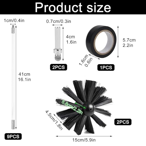 14PCS Kaminbürste Stange Set,9 Ofenrohrbürste Nylon 41 cm, 2 Schornsteinfeger Bürste 150cm,2 Sechseckige Pole,1 Roll Schwarzes Band,Verwendbar mit Akkuschrauber,Kaminbesen für Kamin, Rohre,Trockner
