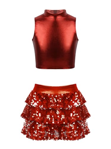 easyforever Kids Girls Jazz Hip Hop Modern Dance Costume Sleeveless Mock Neck Crop Tops with Sequins Skirted Shorts Set Red 10 Years