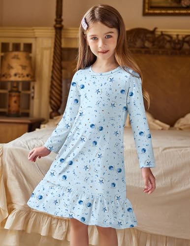 Arshiner Nachthemden für Mädchen Blau Stern Rüschen Schlafkleid Kinder Rundhals Nachtkleid Langarm Herbst Nightdress für Mädchen 150/11-12 Jahre