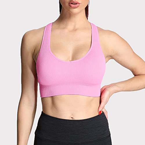 Aoxjox Women's Workout Ribbed Seamless Sports Bras Fitness Running Yoga Crop Tank Top (Pink, Medium) - Image 4