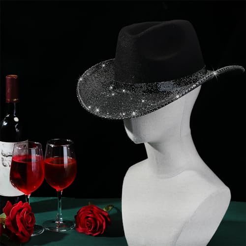 Image of Hercicy Rhinestone Cowboy Hat with Diamond Fringe CowHat for Cosplay Wedding circumference between 21.5 and 23.5 inches