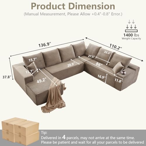 Image of Sectional Cloud Couch with L-Shape Chaise, Upholstered Corduroy Couches Stupendous U Shaped Sofas, Modern Modular Comfy Sofa with Deep Seat for Living Room Bedroom, No Assembly Required, Camel