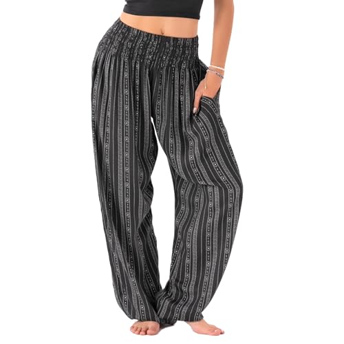 Lotus and Luna Women's Harem Pants for Beach & Lounge High Waisted Flowy Boho Yoga Pants (Vintage Black and White Overlay, M)