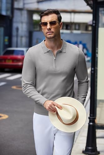 COOFANDY Polo Neck Jumpers for Men with 1/4 Zip Golf Knitted Jumper Slim Fit Winter Pullover Sweater Grey XL - Image 4