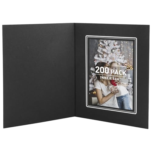 Golden State Art, Pack of 200, 4x6 Photo Folders, Cardboard Picture Frame, Paper Frame Cards, Greetings/Invitation Special Events: Graduation, Christmas, Wedding(Black with Silver Lining)