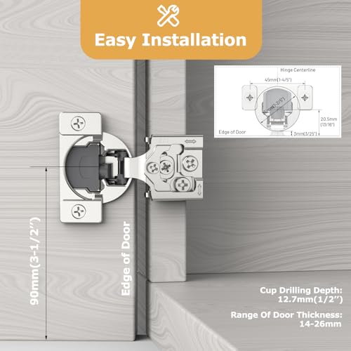 Furniware 50 Pieces 1/2 inch Overlay Soft Close Cabinet Hinges for Face Frame Cabinet, Stainless Steel, 105° Opening Angle, Concealed Self Closing Door Hinges- 3 Way Adjustment