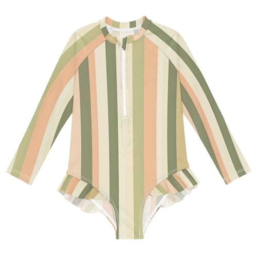 Green Beige Stripes Girls Long Sleeve One-Piece Swimsuit UV Protection Swimwear Bathing Suit 20860547