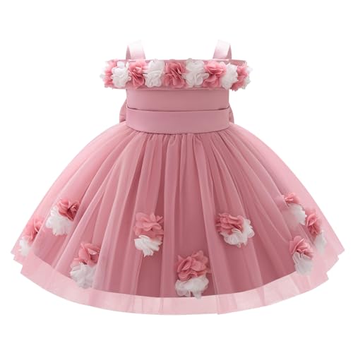 OBEEII Infant Baby Girls Baptism Dress 3D Flower Tulle Tutu Flower Girl Dress Toddler Formal First Birthday Pageant Ball Gown Princess Christening First Communion Prom Gown Dusty Pink 18-24 Months
