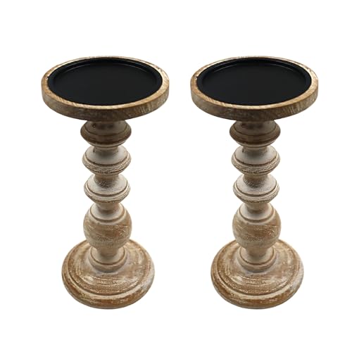 Hosley Set of 2 Natural LED Wooden Pillar Candle Holder