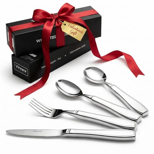 Weighted Utensils for Tremors and Parkinsons, Heavy Weight Stainless Steel Silverware Set, Adaptive Eating Flatware Helps Hand Tremors, Parkinsons Aids for Living, Arthritis - Knife, Fork, Spoons, 7oz