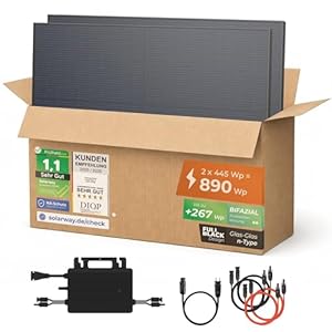 Solarway® Balkonkraftwerk 890W mit 890Wp Solarmodulen – Komplettset mit Hoymiles HMS-800W-2T Wechselrichter – 2× 445W bifaziale Black Solarpanels – Mini PV Anlage für Steckdose inkl. Zubehör