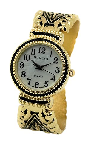 Wincci Ladies Elegant Western Concho Vintage Style Decorated Metal Bangle Cuff Fashion Analog Quartz Watch Mother of Pearl Dial Easy to Read Black Numbers Black Hour Minute Second Hands (Gold)