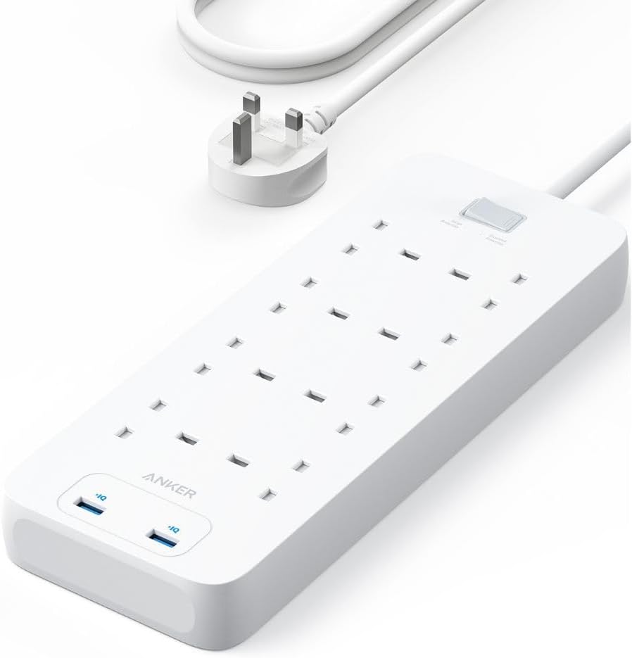 342 Power Strip with 8 AC Outlets & 2 USB Ports (12W Extension), PowerIQ Technology, Surge Protection, Fire-Resistant Casing, 1.8m Cable, Wall Mountable, for Home and Office