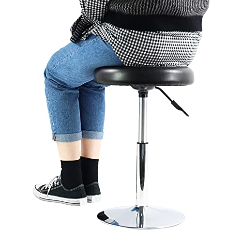 Image of FURWOO Short Round PU Leather Chair - Height Adjustable Counter Stool With Step - Office and Vanity Seat - Small Black