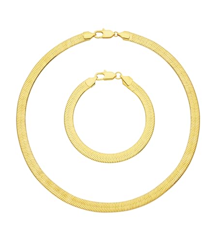 Wowshow 14K Gold Plated Italian Snake Chain Necklace Flat Herringbone Choker Dainty Necklace for Women 7MM 18 Inch