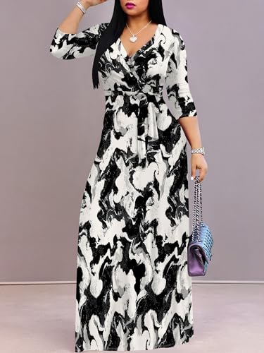 Image of SUZONANA Plus Size Dresses for Women Print Maxi Dresses Flowy 3 /4 Sleeve with Belt