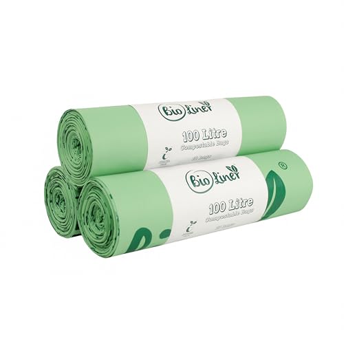 100L x30 Heavy Duty Compostable Food Waste Sacks - BioLiner Food Waste Bin Liners - EN 13432 - Compost Bags with Composting Guide - 100 Litre