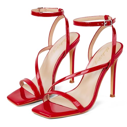 Image of Elisabet Tang Women's Crystal Stilettos Heeled Sandals, 4 Inch Square Open Toe Strappy Sexy High Heels Ankle Strap Buckle Heels for Party Wedding Dress Daily Wear Shoes