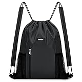 [WANDF] ジムサック ショルダーパッド付き ナップサック 巾着 シューズ収納 防水 軽量 水泳 部活 運動 旅行(ブラック)