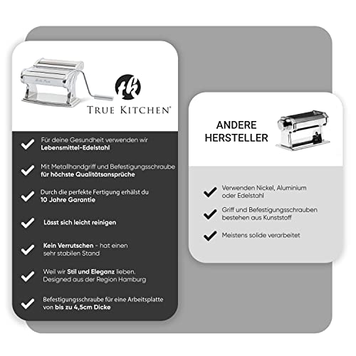 Foto von TRUE KITCHEN® Nudelmaschine manuell Bella Pasta silber [PASTA MASCHINE] Pasta maker für Lasagne, Ravioli, Spaghetti und Tagliatelle I Komplett aus Edelstahl mit Metallgriff
