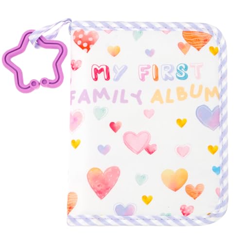 Harupink Álbum de fotos de bebé de 17, 16,5 x 11,5 cm, álbum de fotos de bebé de tela con mordedor, espejo de seguridad y ganchos, álbum de bebé para recordar nombres para recién nacidos, niños