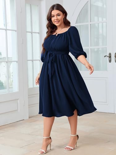 SCOMCHIC Women Plus Size Midi Dresses Puff Short Sleeve Square Neck Wedding Guest Elegant Flowy Belted A Line Dress4