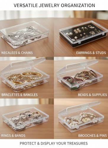 Image of Clear Plastic Storage Containers with Lock Lid Set of 6 (14x9x2.5cm) Rectangular Transparent Small Organizer Boxes for Jewellery Earrings Rings Beads Sewing Craft Portable Box for Home Office Travel