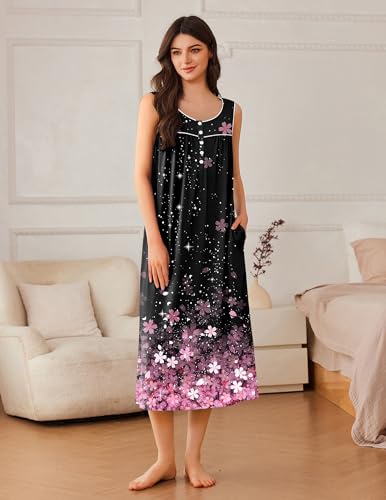 Ekouaer Nightgowns for Women Long Sleeveless Night Gowns Ladies Soft Nightdress Victorian Sleepwear with Pockets S-XXXL3