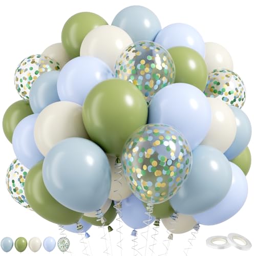 Image of Blue Green Balloons, 60 Pcs 12 Inch Dusty Blue Sage Green Ivory White Pastel Blue Balloons with Gold Confetti for Baby Shower Birthday Party Decorations