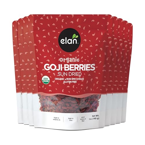 Elan - Elan Organic Dried Goji Berries, Sulphite-free, Non-GMO, Vegan, Gluten-Free, Kosher, Wolfberries, Healthy Snacks, Dried Fruit Snacks, Superfood, 8 Count, 140g - -5%