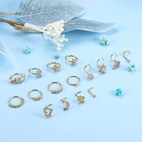 ORAZIO 16Pcs Nose Rings - Women's Surgical Steel Nose Studs & Hoops (20G, L Shaped, Corkscrew, Gold, Silver)4