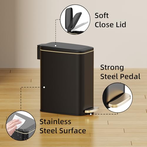 Image of KSSKSS Small Bathroom Trash Can with Lid Soft Close, Step Pedal, 6L / 1.6 Gal Stainless Steel Garbage Bin with Removable Inner Bucket, Slim Wastebasket for Narrow Spaces (Black) (Black-P)