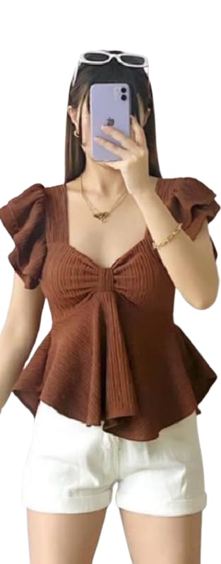 Women's Flutter Sleeve Peplum Top | Sweetheart Neckline with Ruched Detail | Textured Ribbed Fabric | Off-Shoulder Fit | Stylish & Comfortable | Ideal for Casual to Semi-Formal Wear-picture-40
