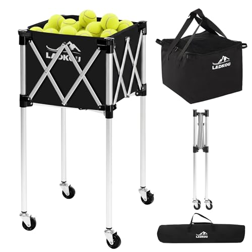 Ladkou Extra Large Tennis Ball Hopper, Holds 200 Balls, Foldable Tennis Ball Basket with Wheels & Removable Bag, Lightweight Pickleball Caddy Cart for Baseball/Softball, for Training/Teaching