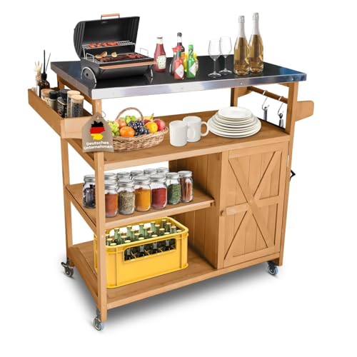 Servierwagen mit Rollen James Küchenwagen aus Holz mit Edelstahltop, Kücheninsel mit Türen, Handtuchhalter, Raumwunder, Küchenschrank Rollwagen LxBxH ca.: 118 x 47 x 92 cm Servierwagen mit Rollen James Küchenwagen aus Holz mit Edelstahltop, Kücheninsel mit Türen, Handtuchhalter, Raumwunder, Küchenschrank Rollwagen LxBxH ca.: 118 x 47 x 92 cm