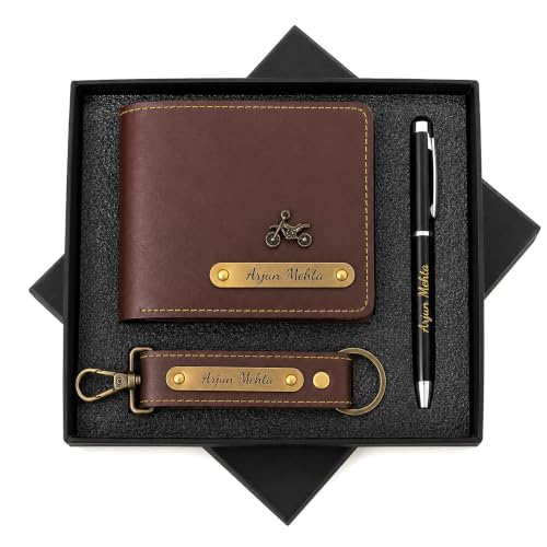 Image of B'Code Personalized Name & Charm Leather Wallet Mens Combo Giftset | Customized Birthday Anniversary Wedding Engagement Office Gifts for Man| Gift for Men| Brothers Raksha Bandhan Present (Brown)