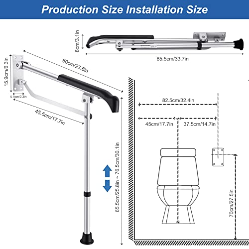 Narra 24" Flip Up Toilet Grab Bar Wall Mount Floor Support Bathroom Safety Railing Aluminum Alloy Handicapped Shower Assist Handrails Anti-Slip Height Adjustable For Elderly Seniors Disabled Pregnant #TOP1