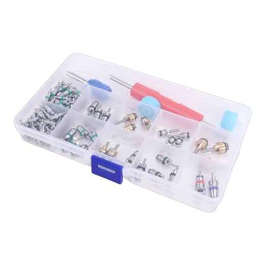 Xiuganpo Kit Central de Válvula de Aire Acondicionado para Coche, 104 Uds., con Herramientas y Tapas Antipolvo para Coches, Camiones, Bicicletas, Aluminio Duradero, Latón, Acero Inoxidable