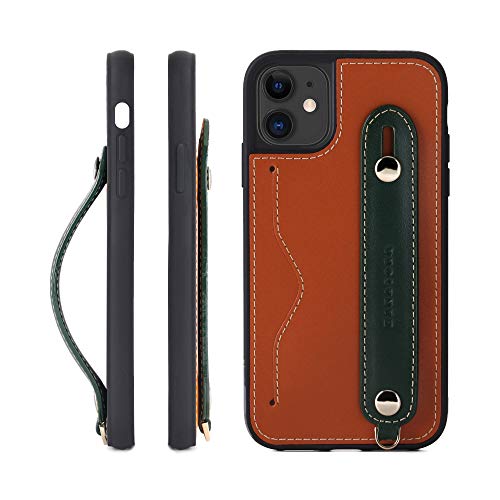 HANATORA IPhone 11 グリップケース レザー 本革 ストラップ付属 イタリア製牛革 ヌメ革 片手操作 カード収納 スタンド機能 メンズ レディース ブラウン/グリーン CGH-11-Brown-GN