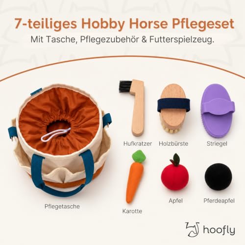 Hoofly Hobby Horse Zubehör – Pflegeset für Kinder mit Tasche, Bürste, Striegel & Hufkratzer [TÜV geprüft] - Pferdeputzzeug für Steckenpferd & Holzpferd - Geschenk